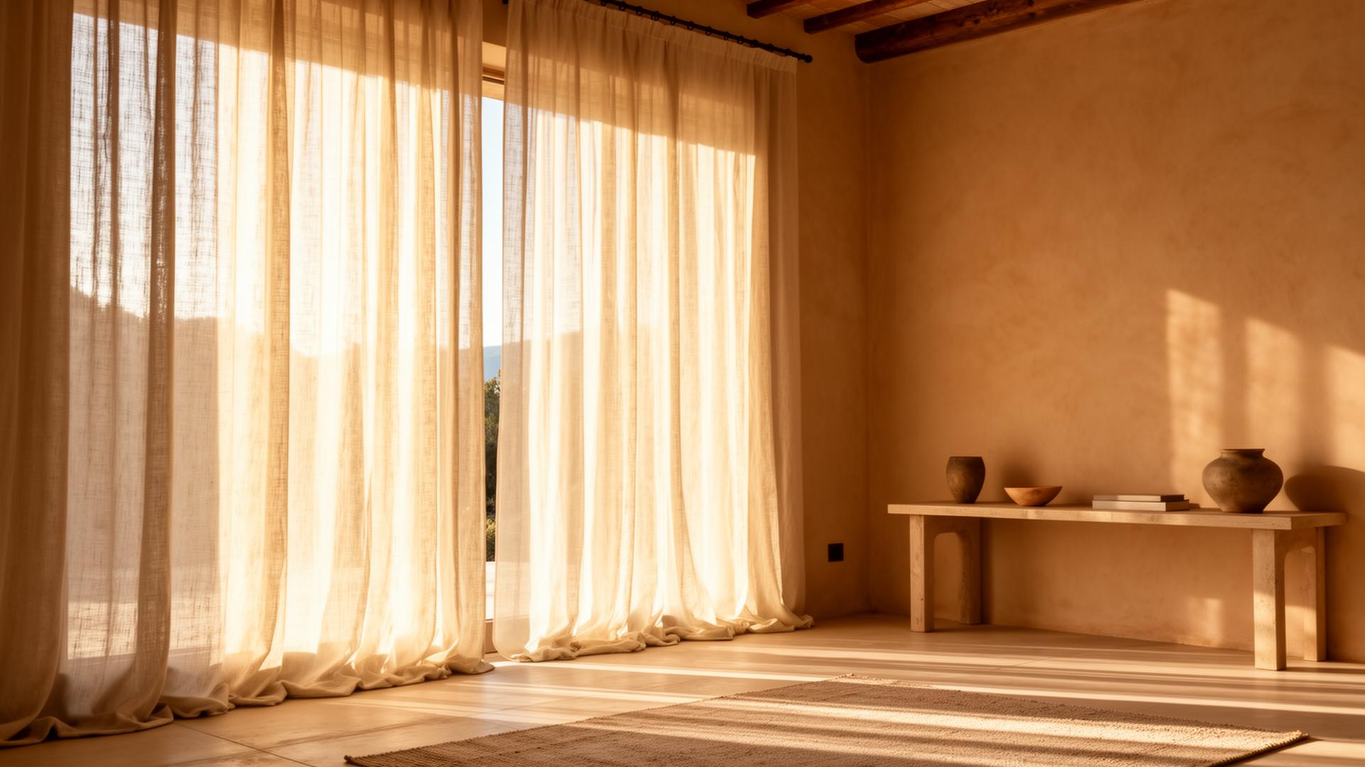 Sunlit linen curtains in a warm Mediterranean room